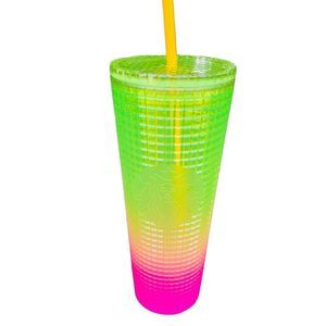 Starbucks New Summer 2022  Gradient grid Lemon yellow/pink 24oz cold cup